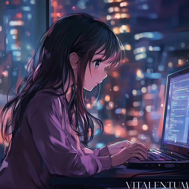 Nighttime Coding in Anime Style AI Image