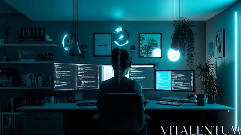 AI ART Coder in Neon-Lit Tech Room