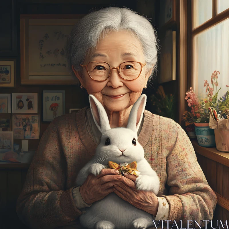 Elderly Woman and Her Rabbit Companion AI Image