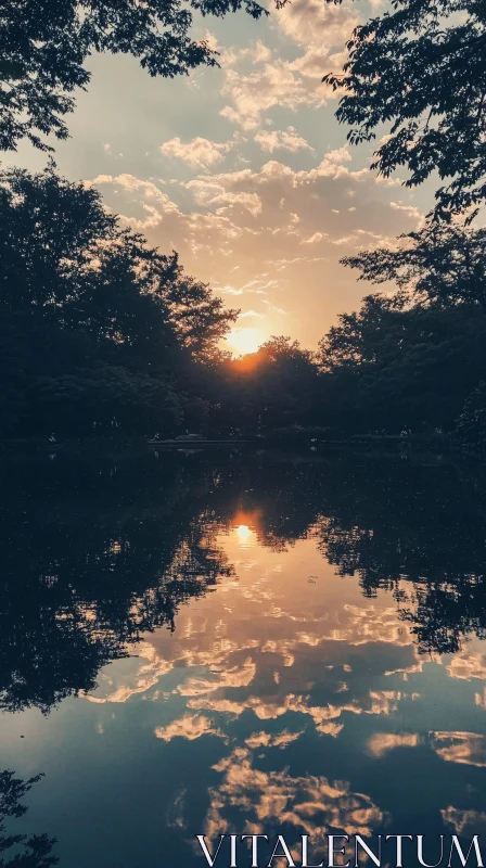 Peaceful Sunset with Trees and Lake Reflection AI Image