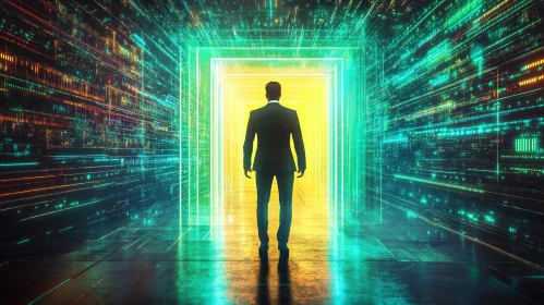 Man in Suit Facing Digital Portal