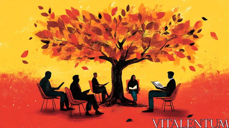 People Reading Under Autumn Tree AI Image