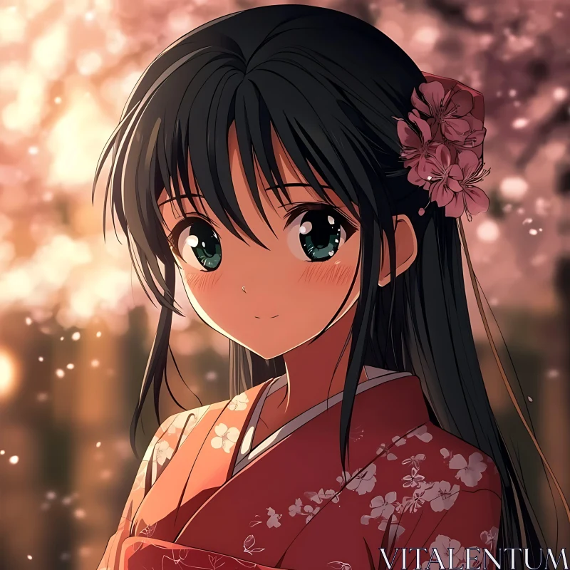 Anime Girl with Cherry Blossoms AI Image