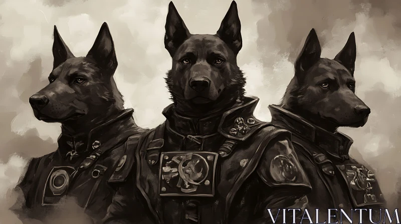 Stoic Military Dogs in Sepia Art AI Image