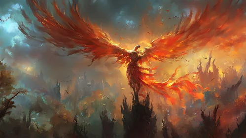 Blazing Phoenix Over Misty Landscape
