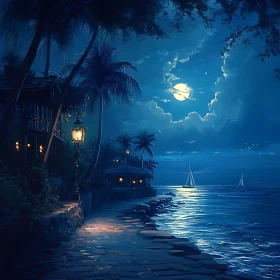 Night Seascape with Sailboats and Moon