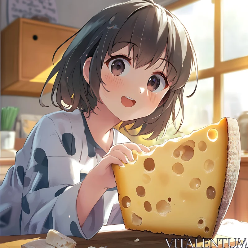 Cute Anime Character with Cheese in Warm Light AI Image