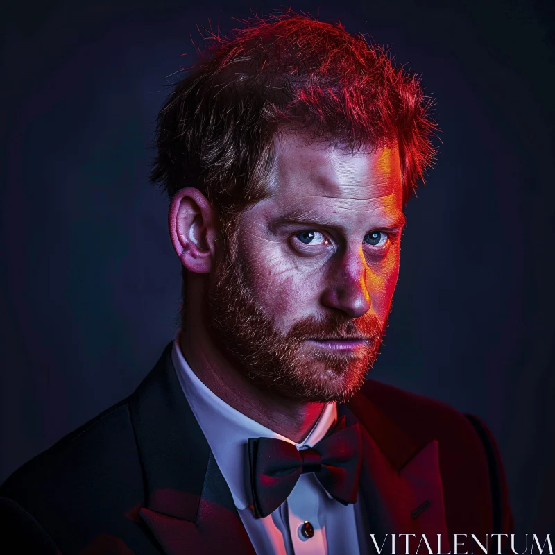 Prince Harry in Dramatic Red Light Portrait AI Image