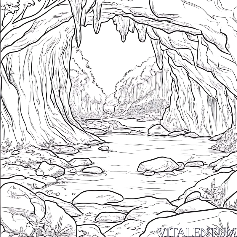 Cave and Stream Pencil Drawing AI Image