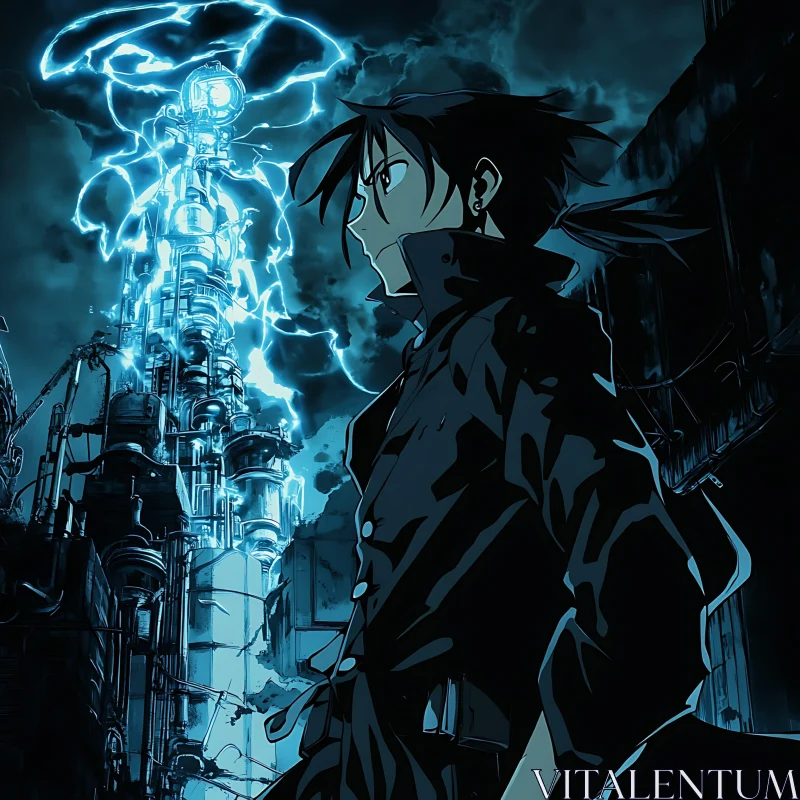 Anime Scene: Character and Electric Tower AI Image