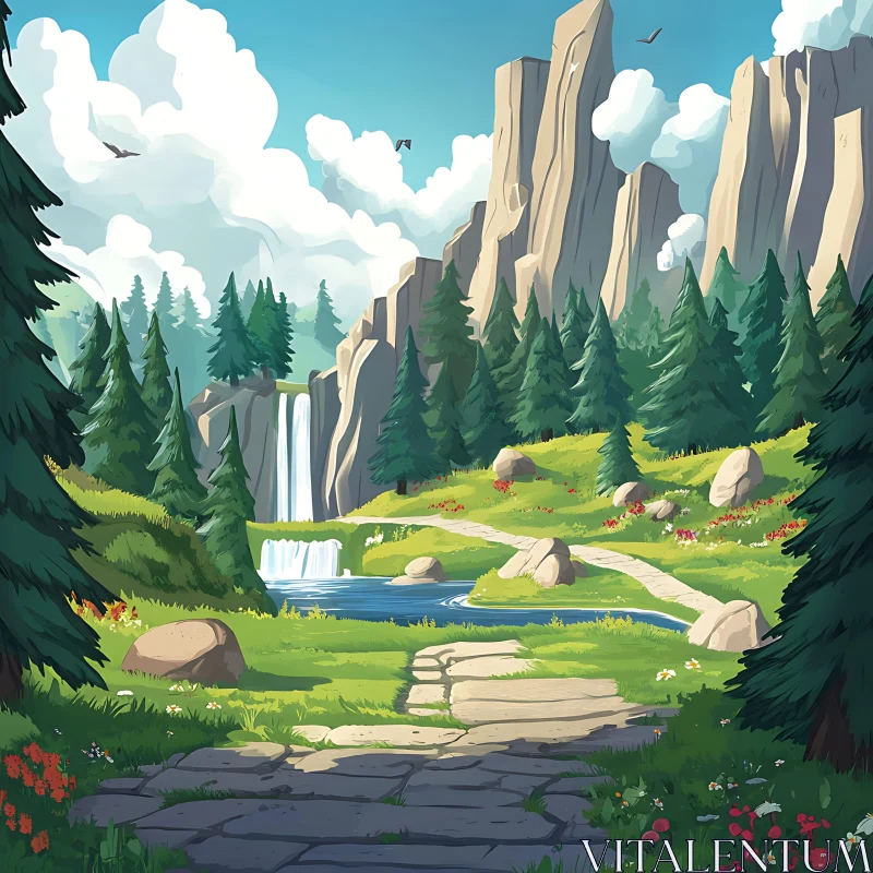 Mountain Forest Pathway with Waterfall AI Image