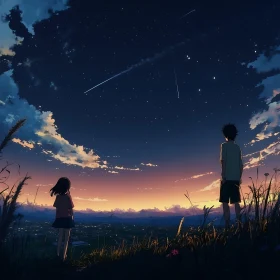 Starry Night Sky and Sunset with Anime Characters