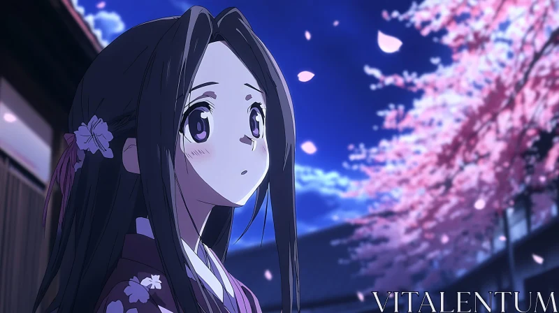 Anime Girl Gazing at Night Sky with Cherry Blossoms AI Image