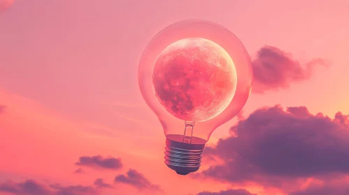 Surreal Lightbulb with Moon Interior in Pink Sky