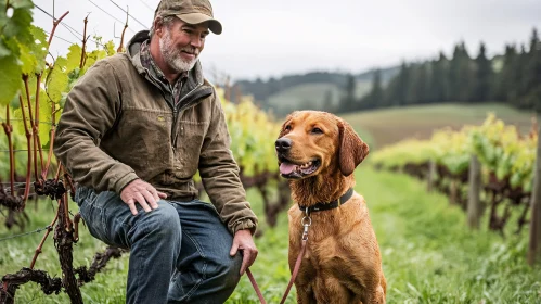 Farmer and Dog Companionship in a Vineyard