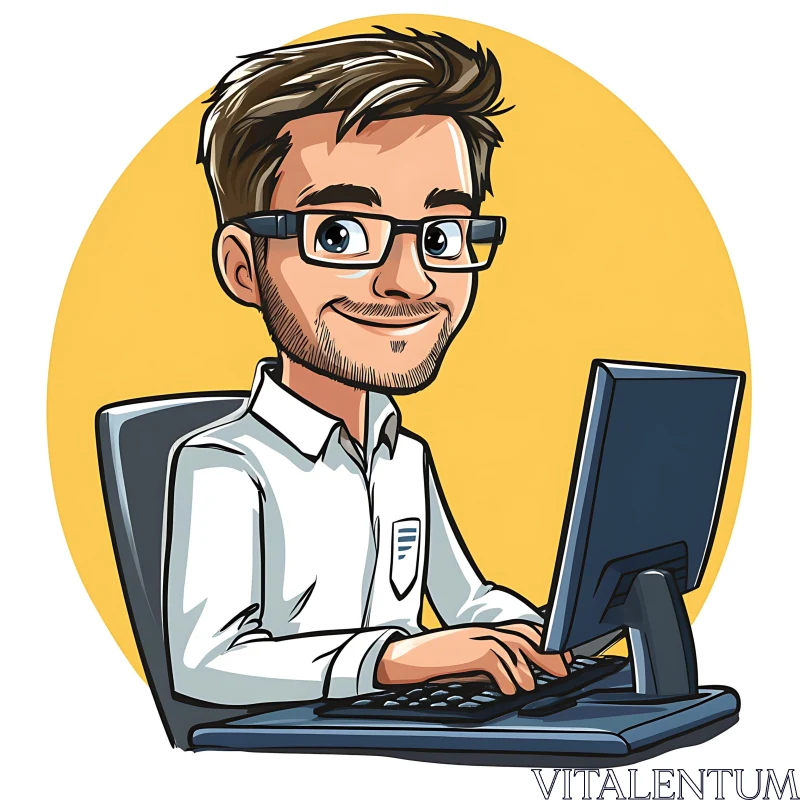 AI ART Cartoon Man at Computer Illustration