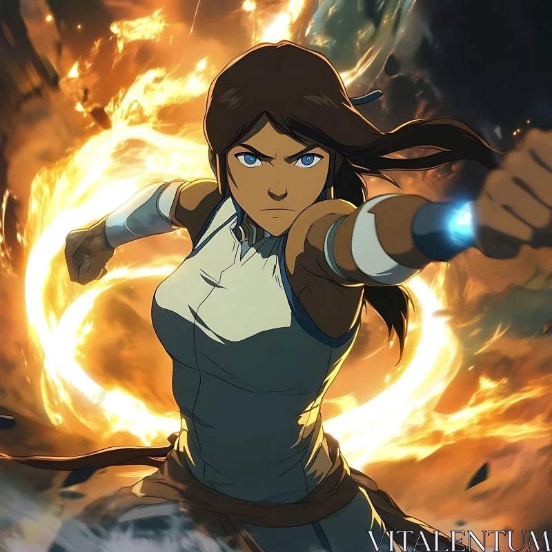 Intense Anime Fire Action Scene with Strong Female AI Image