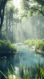 Tranquil Blue Stream in Lush Green Forest