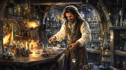 Man Creating Potions in Alchemist Workshop