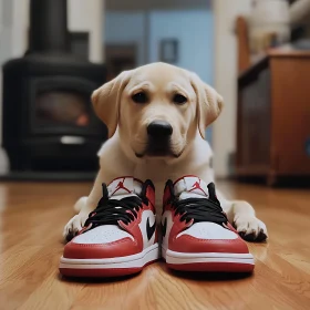 Charming Puppy with Red and White Sneakers in Cozy Home