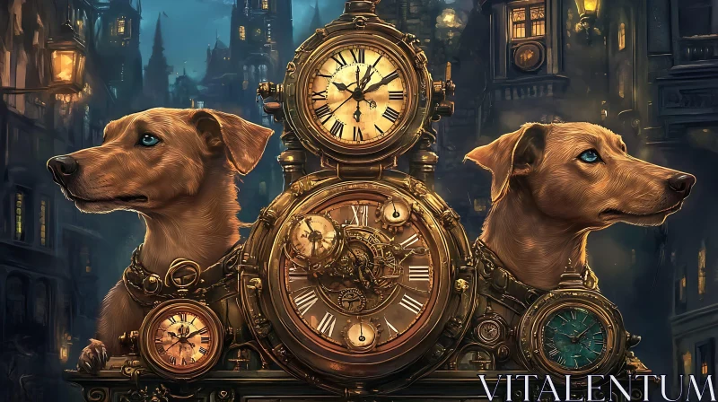 Steampunk Dogs in a Mystical Nighttime Cityscape AI Image