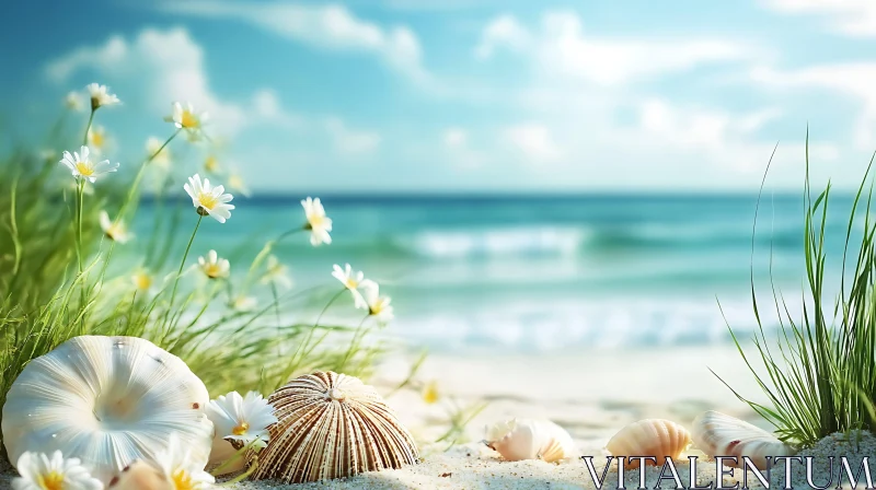 AI ART Coastal Serenity with Seashells and Flowers