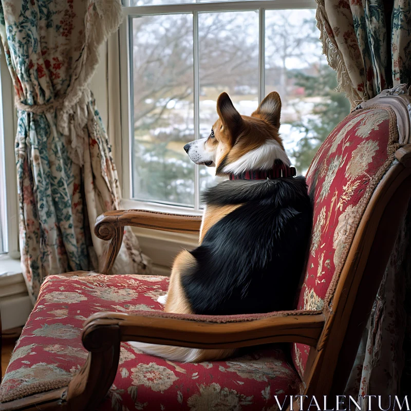 AI ART Canine Elegance: Dog on Luxurious Chair Looking Outside