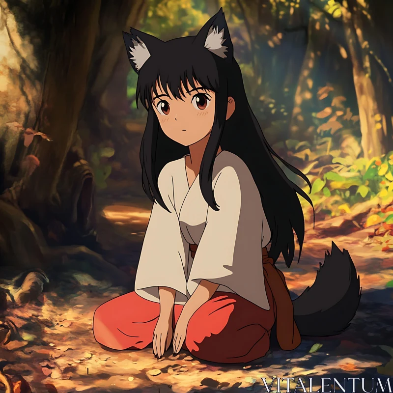 Anime Character with Fox Traits in Serene Forest Setting AI Image