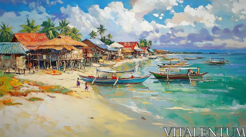 Seaside Village with Boats and Figures AI Image