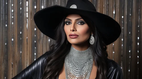 Captivating Fashion: Woman in Black Hat and Silver Jewelry