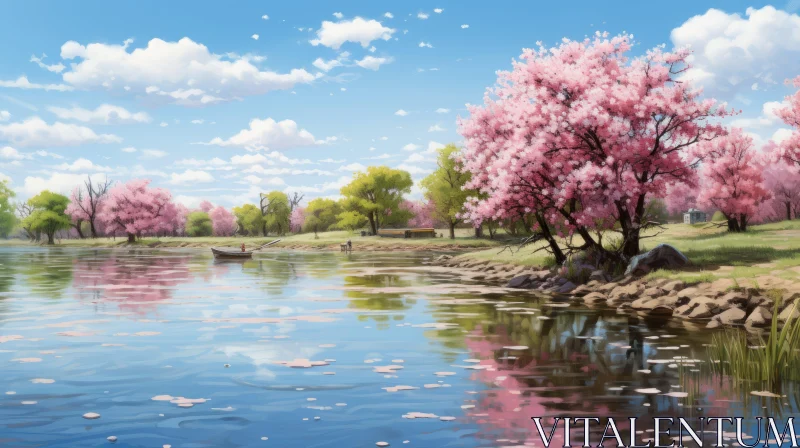Cherry Blossoms in Anime Art - Serene Waterfront Scene AI Image
