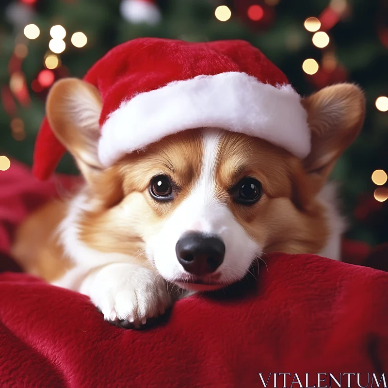 Cute Corgi in Christmas Hat AI Image