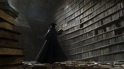 Dark Library with Reading Figure