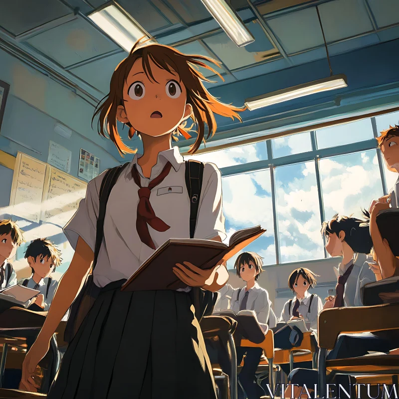 Anime Classroom with Surprised Student AI Image