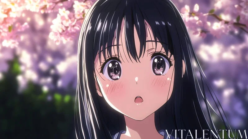 Surprised Anime Girl Amid Cherry Blossoms AI Image