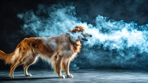 Golden Retriever Emanating Smoke in Mystical Setting