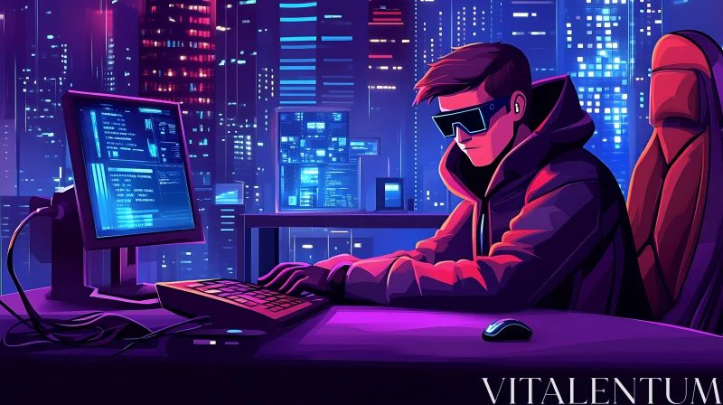 Neon Hacker Working in Futuristic City AI Image