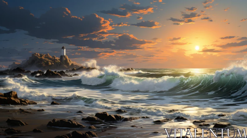 Sunset and Waves: A Captivating Coastal Landscape Painting AI Image