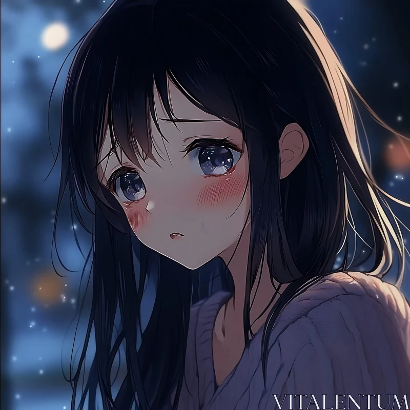 Sad Anime Girl at Night AI Image