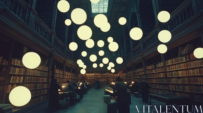 Grand Library with Glowing Orbs AI Image