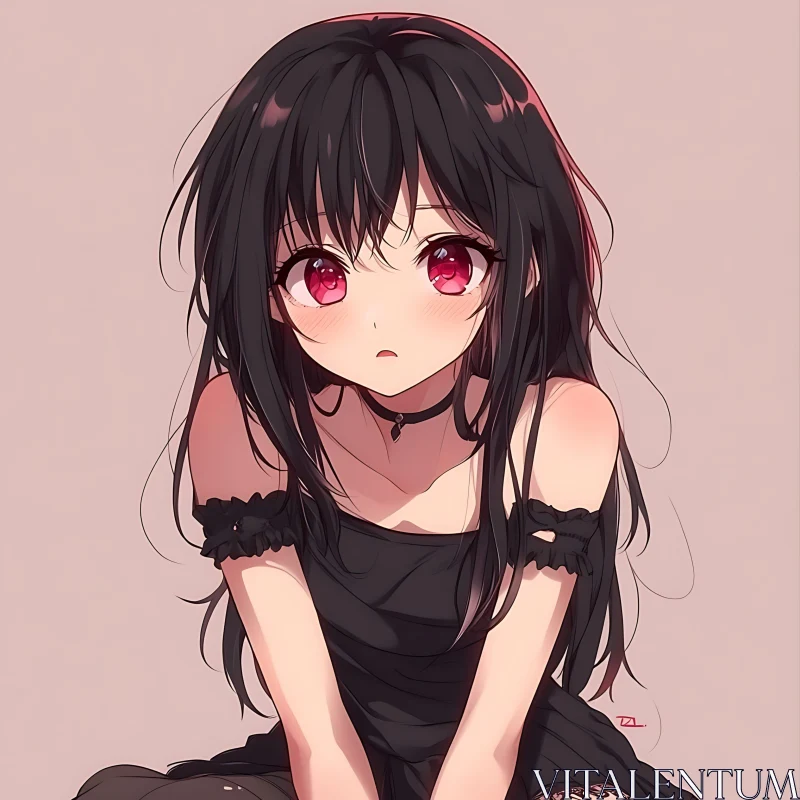 Curious Anime Girl with Choker and Black Dress AI Image