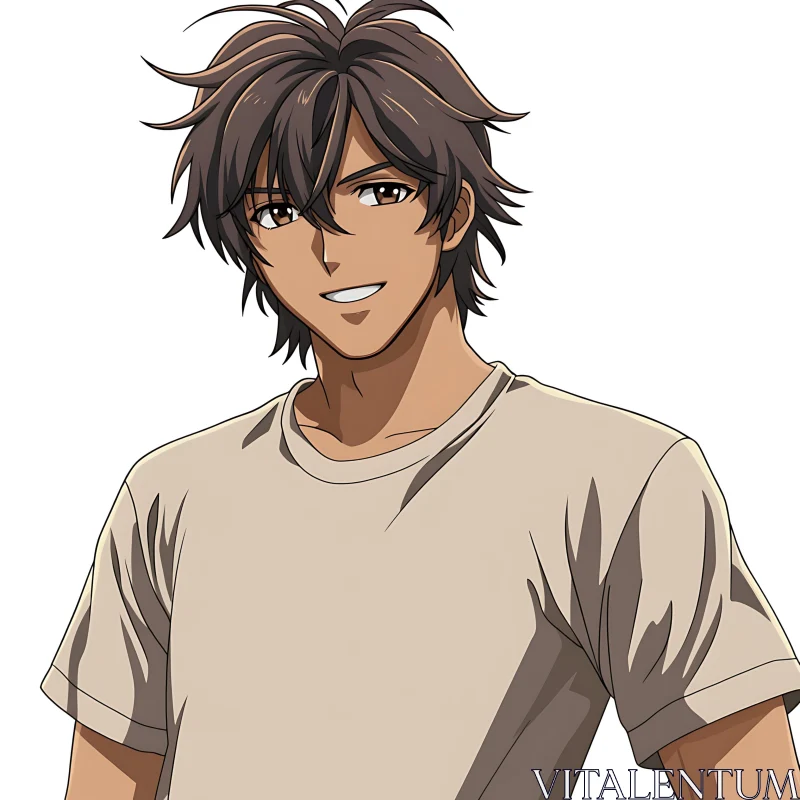 Anime Boy With Brown Hair in Casual Wear AI Image