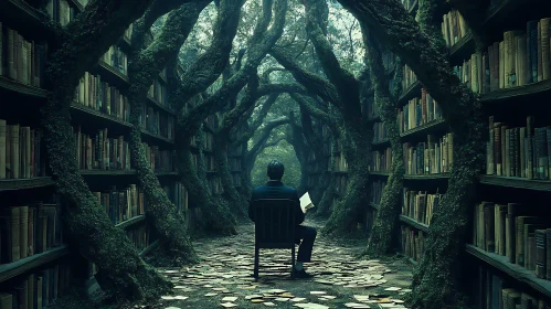 Man Reading in Forest Library