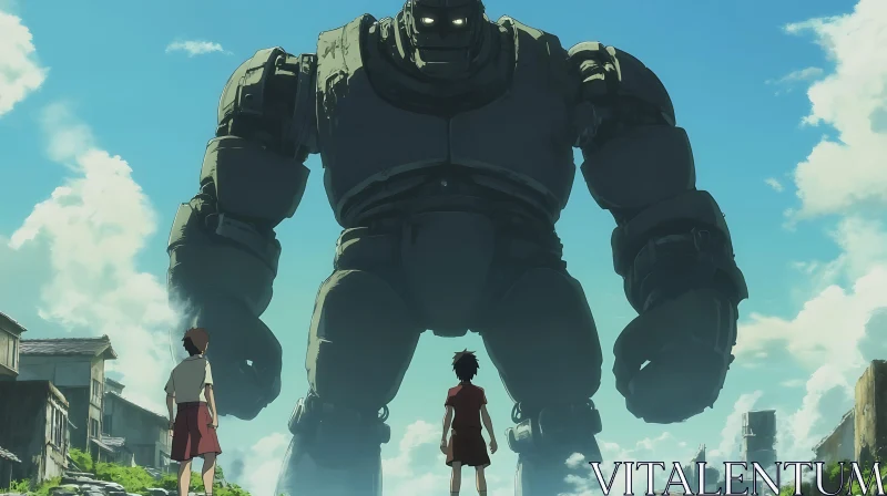 Epic Robot and Children Anime Scene AI Image