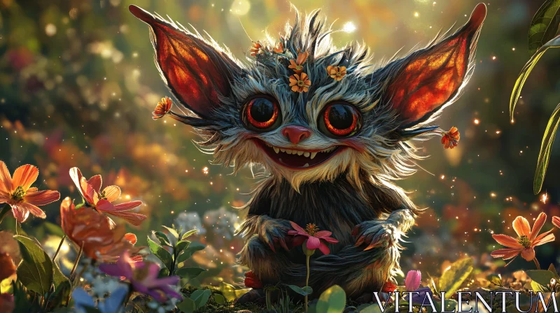 AI ART Magical Creature with Flowers in Sunlit Garden