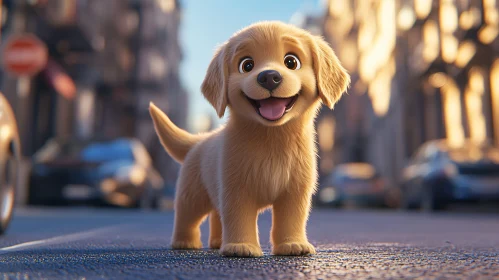 Happy Golden Retriever Puppy on Urban Street