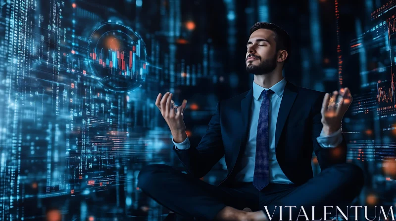 Calm Businessman Meditating with Stock Market Data AI Image