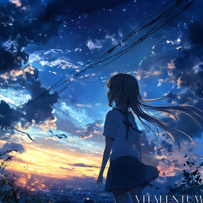 Silhouette of a Girl under a Vivid Sunset AI Image