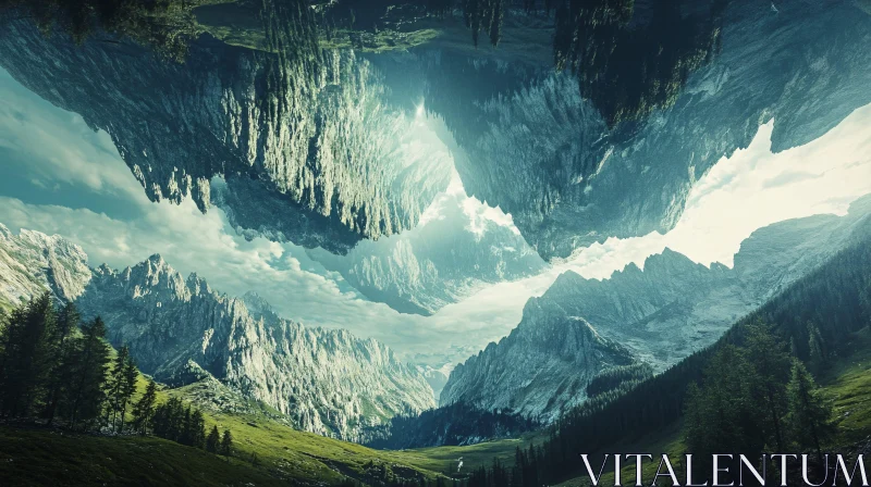 Surreal Mountain Vista with Floating Formations AI Image