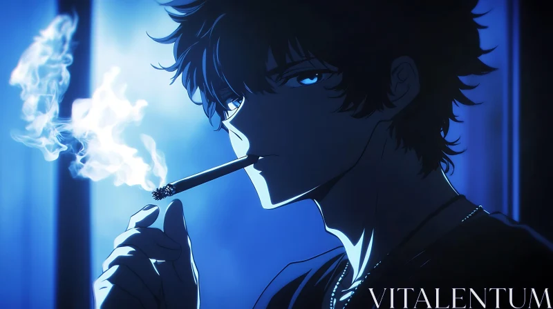 Blue Light Anime Smoking Scene AI Image